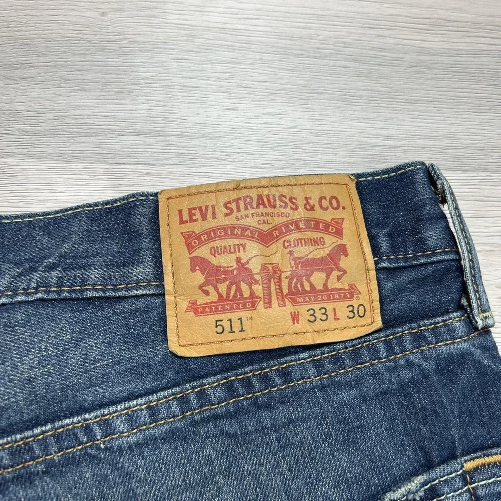 Levis 511 Jeans Mens 33x26 Blue Distressed Slim Fit‎ Denim Ripped Stretch Pants